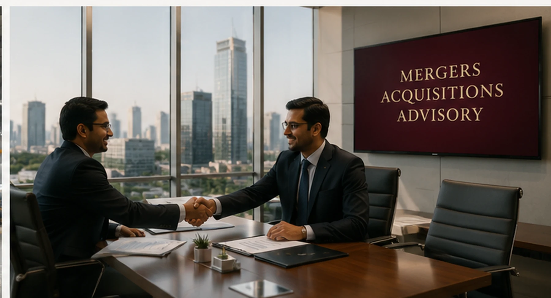 Corporate leaders discussing a strategic transaction